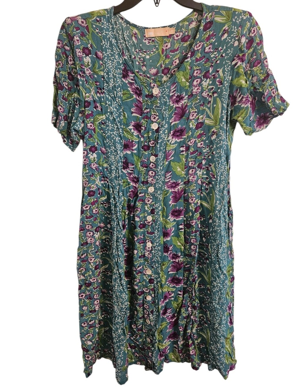 La Cera Vintage Teal Violet Floral Button-Front Dress Tie Back 100% Rayon Sz M